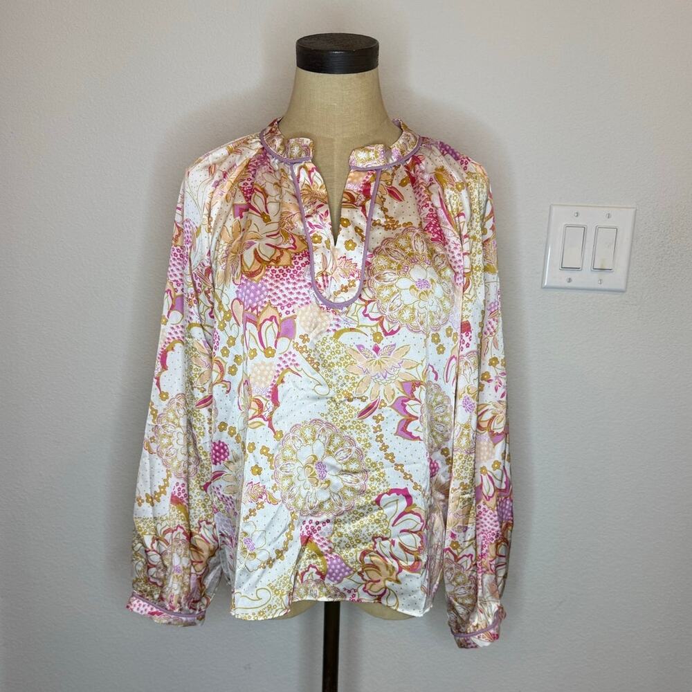 AVARA Boutique Floral Silky Satin Long Sleeve Shirt Top Bouse Women S